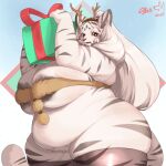 2024 anthro antler_headband belly big_belly big_breasts bow_(feature) bow_ribbon breasts butt chubby_female clothing curvy_figure cyan_asdf felid female fur gift_box hair hi_res huge_breasts legwear looking_at_viewer mammal obese obese_anthro obese_female overweight overweight_anthro overweight_female pantherine signature simple_background solo striped_body striped_fur stripes tail thick_thighs thigh_highs tiger white_body white_fur wide_hips