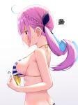  1girl adjusting_clothes adjusting_swimsuit ahoge ass back bare_arms bare_shoulders bikini blue_bikini blue_hair blue_ribbon blush braid breasts closed_mouth commentary_request faubynet from_side front-tie_bikini_top front-tie_top gradient_background hair_ribbon halterneck highres hololive large_breasts light_blue_hair long_hair looking_down minato_aqua minato_aqua_(hololive_summer_2019) motion_lines multicolored_hair pink_eyes pink_hair profile revision ribbon scribble solo sound_effects streaked_hair striped striped_bikini sweatdrop swimsuit twintails two-tone_bikini two-tone_hair underboob virtual_youtuber wavy_mouth white_background white_bikini 