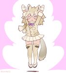  1girl animal_ears arms_up bow bowtie coroha extra_ears full_body gloves grey_hair jacket jumping kemono_friends kemono_friends_3 long_hair looking_at_viewer pink_background shoes simple_background skirt solo tail thighhighs tundra_wolf_(kemono_friends) wolf_ears wolf_girl wolf_tail 