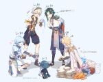  5boys ^_^ absurdres aether_(genshin_impact) ahoge alalen arm_guards armor arrow_(projectile) arrow_(symbol) asymmetrical_clothes asymmetrical_gloves asymmetrical_hair back bag bangs bead_necklace beads belt bennett_(genshin_impact) black_gloves black_hair blonde_hair blue_hair blue_pants blue_shorts book boots braid brown_pants carrot chibi chongyun_(genshin_impact) closed_eyes coin cropped_jacket crying detached_sleeves expressionless facial_mark fingerless_gloves food forehead forehead_mark gameplay_mechanics genshin_impact gloves goggles goggles_on_head green_gloves green_hair grey_background grey_footwear hair_between_eyes happy heart highres holding holding_money hood hoodie jewelry legs_apart light_blue_hair male_focus messy_hair miniboy mismatched_gloves money mora_(genshin_impact) multicolored_hair multiple_boys necklace one_knee orange_eyes outstretched_arms pants paper paper_stack parted_bangs party_popper pendant ribbed_legwear rice shiny shiny_hair shirt short_hair short_hair_with_long_locks shorts shoulder_armor shoulder_pads shrimp sidelocks single_detached_sleeve sleeveless sleeveless_shirt slippers sparkle streaked_hair streaming_tears talisman tassel tattoo tears translation_request trembling triangle_mouth two-tone_hair white_hair white_hoodie white_pants xiao_(genshin_impact) xingqiu_(genshin_impact) 