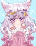  1girl :3 animal_ears apron arm_ribbon cat_ears chigu_(tigcomet) eyebrows_hidden_by_hair feet_out_of_frame final_fantasy final_fantasy_xiv hair_ornament hairclip head_rest heart heart_tattoo highres light_smile long_hair looking_at_viewer miqo&#039;te pink_eyes pink_hair pink_sweater ribbon signature simple_background solo sweater tattoo upper_body very_long_hair warrior_of_light_(ff14) white_apron 