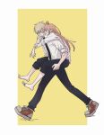  1boy 1girl absurdres barefoot black_necktie blonde_hair carrying chainsaw_man commentary_request denji_(chainsaw_man) heureoreo highres horns korean_commentary light_brown_hair long_hair necktie pants pants_rolled_up piggyback power_(chainsaw_man) red_horns shoes sleeves_rolled_up sneakers yellow_background 