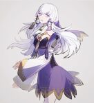  1girl dress fire_emblem fire_emblem:_three_houses floating_hair grey_background hair_between_eyes juliet_sleeves long_hair long_sleeves looking_at_viewer lysithea_von_ordelia pantyhose pink_eyes puffy_sleeves purple_dress simple_background smile solo tsukimura_noe veil white_hair white_pantyhose white_sleeves 