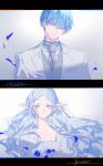  1boy 1girl absurdres beckoning blue_eyes blue_flower blue_rose bouquet braid bride byuey closed_mouth collarbone dress earrings elf flat_chest floating_hair flower french_braid frieren gloves green_eyes grey_hair grey_necktie grey_vest groom hand_up highres himmel_(sousou_no_frieren) jacket jewelry looking_at_viewer mole mole_under_eye necktie parted_bangs petals pointy_ears reaching reaching_towards_viewer rose shirt signature smile sousou_no_frieren split_screen suit upper_body vest wedding wedding_dress white_background white_dress white_flower white_gloves white_hair white_jacket white_rose white_shirt white_suit wing_collar 