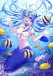  1girl air_bubble armlet blue_eyes blue_hair blush breasts bubble collarbone coral fins fish head_fins highres inari_hisato long_hair mermaid monster_girl navel open_mouth original shell shell_bikini solo teeth underwater upper_teeth_only 