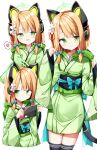  1girl animal_ear_headphones animal_ears black_thighhighs blonde_hair blue_archive blue_bow blush bow cat_tail closed_mouth fake_animal_ears green_eyes green_halo green_kimono hair_bow halo handheld_game_console headphones heart highres holding holding_handheld_game_console japanese_clothes kimono long_sleeves midori_(blue_archive) multiple_views obi open_mouth sabana sash short_hair simple_background smile spoken_heart tail thighhighs white_background wide_sleeves 