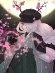  1girl antlers antlers_through_headwear black_background black_coat black_gloves black_headwear black_shirt book braid cabbie_hat cherry_blossoms coat coat_on_shoulders cowboy_shot dairoku_ryouhei falling_petals flower gloves green_hakama grey_kimono hair_over_one_eye hakama hanato_sousa hat holding holding_book holding_pen japanese_clothes kimono long_hair low-braided_long_hair magic nib_pen_(object) open_book parted_lips pen petals pink_eyes pink_flower pink_hair pinstripe_kimono romayasu shirt single_braid smile solo striped striped_kimono turtleneck upper_body very_long_hair 