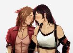  aerith_gainsborough arm_hug black_hair blush bolo_tie bow breasts brown_hair cleavage crop_top elbow_gloves final_fantasy final_fantasy_vii final_fantasy_vii_remake forehead-to-forehead gloves hair_bow heads_together highres jacket lesly_oh pink_hair red_jacket single_arm_guard smile tifa_lockhart upper_body yuri 