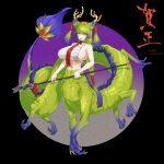  1girl antlers black_background braid braided_ponytail breasts centauroid claws cleavage_cutout clothing_cutout dragon_girl dragon_tail extra_legs eyeliner fingernails full_body fur-tipped_tail green_eyes green_hair green_nails green_scales hair_horns halterneck hands_up highres holding holding_polearm holding_weapon huge_breasts long_hair looking_at_viewer makeup monster_girl multicolored_background naginata open_mouth original polearm purple_background purple_hair purple_scales red_eyeliner scales sharp_fingernails sharp_teeth short_eyebrows sideboob solo tail tassel tatinami taur teeth toned two_side_up very_long_hair weapon 