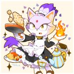  1girl animal_ears apron blaze_the_cat cat_ears cat_girl cat_tail cooking cup fire forehead_jewel frying_pan furry furry_female gloves gold_necklace highres holding holding_frying_pan jewelry kusunoki_cherry maid necklace ponytail purple_fur sonic_(series) sugar_cube tail teacup teapot white_apron white_gloves yellow_eyes 