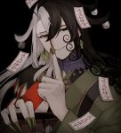  1boy ashiya_douman_(fate) asymmetrical_clothes asymmetrical_hair bell black_background black_eyes black_hair blood blood_on_hands curly_hair eyeshadow fate/grand_order fate_(series) finger_to_mouth fingernails green_eyeshadow green_kimono green_lips green_nails hadanugi_dousa hair_bell hair_between_eyes hair_intakes hair_ornament highres holding holding_pot japanese_clothes kimono long_hair makeup male_focus multicolored_hair onmyouji open_clothes open_kimono pot ribbed_sleeves sharp_fingernails shushing simple_background smile smirk solo split-color_hair sumi_(gfgf_045) talisman two-tone_hair very_long_fingernails very_long_hair white_hair wide_sleeves 