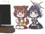  2girls animal_ears blue_eyes blue_hair bone_hair_ornament braid brown_eyes brown_hair commentary dog_ears dog_tail fang flat_screen_tv gestart333 hair_ornament highres hololive hololive_english inugami_korone mechanical_halo multiple_girls nintendo_switch ouro_kronii sitting sparkling_eyes tail thighhighs twin_braids twitter_username virtual_youtuber wariza watching_television white_background 