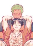  2boys abs arms_up bare_pectorals black_eyes black_hair blush closed_eyes couple dark-skinned_male dark_skin earrings green_hair hand_on_another&#039;s_neck highres jewelry looking_up male_focus monkey_d._luffy multiple_boys nipples nok_(nok_1) one_piece open_clothes open_shirt pectoral_pillow pectorals red_shirt roronoa_zoro scar scar_on_cheek scar_on_chest scar_on_face shirt short_hair sideburns simple_background single_earring sitting upper_body white_background yaoi 
