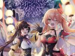  2girls :d ;d arm_up bare_shoulders black_choker breasts brown_eyes brown_hair choker clothing_cutout commentary_request detached_sleeves dress fireworks guinaifen_(honkai:_star_rail) hand_up highres honkai:_star_rail honkai_(series) juliet_sleeves long_hair long_sleeves medium_breasts multiple_girls one_eye_closed open_mouth orange_hair puffy_sleeves red_dress shirase_(shirose) short_sleeves shoulder_cutout smile sushang_(honkai:_star_rail) upper_body very_long_hair 