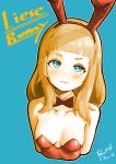  1girl animal_ears artist_name bare_shoulders blonde_hair blue_background blue_eyes blunt_bangs blush bow bowtie breasts cleavage dated detached_collar fake_animal_ears grand_summoners highres leotard liese_(grand_summoners) long_hair looking_at_viewer playboy_bunny puppuppa rabbit_ears signature strapless strapless_leotard thick_eyebrows 