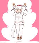  1girl animal_ears arms_up coroha extra_ears full_body gloves jumping kemono_friends kemono_friends_3 least_weasel_(kemono_friends) looking_at_viewer pantyhose pink_background ribbon scarf shoes short_hair shorts simple_background solo sweater tail weasel_ears weasel_girl weasel_tail white_hair 