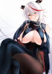  1girl absurdly_long_hair absurdres aegir_(azur_lane) areola_slip areolae azur_lane bangs bare_shoulders black_cape black_gloves black_legwear bodystocking breast_curtains breasts cape cl_(summer_sama) covered_nipples cross cross-laced_clothes cross_earrings crossed_legs demon_horns earrings gloves hair_between_eyes hair_on_horn hand_on_own_chin highres horns iron_cross jewelry long_hair looking_at_viewer multicolored_hair red_hair sleeves solo streaked_hair torn_bodystocking torn_clothes two-tone_hair underbust very_long_hair white_hair yellow_eyes 