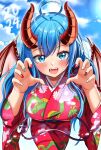  1girl 2024 ahoge blue_eyes blue_hair breasts claw_pose cloud dragon_girl dragon_horns dragon_print dragon_wings horns japanese_clothes kimono large_breasts long_hair multicolored_nails open_mouth original pink_kimono red_nails ryopa sky tail teeth upper_teeth_only white_nails wings 