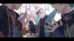  4boys aiue_o_eiua arm_up backlighting baseball_cap black_hoodie black_jacket blue_hair blue_jacket blue_shirt blurry blurry_foreground brown_jacket commentary_request faceless faceless_male flag fur-trimmed_jacket fur_trim green_hair hat highres hood hoodie idolish7 inumaru_toma isumi_haruka jacket letterboxed light_blue_hair looking_at_another looking_back multiple_boys open_mouth osaka_sougo pants purple_pants red_headwear shaded_face shirt short_hair short_ponytail sidelocks signpost simple_background smile upper_body waving white_background yotsuba_tamaki 