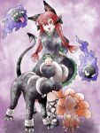  1girl animal_ears black_bow black_dress bow braid cat_ears cat_girl commentary dress english_commentary full_body gastly greatmothsucks hair_bow highres houndoom kaenbyou_rin looking_at_viewer nekomata pokemon pokemon_(creature) red_eyes red_nails side_braids sugimori_ken_(style) touhou twin_braids vulpix 