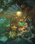  1girl animal blurry blurry_foreground book brown_hair ceiling_light close-up commentary cookie cup dog dress english_commentary fisheye food hairband highres indoors light long_hair looking_at_object medium_dress original pillow plant rain reading scenery short_sleeves sitting star_(symbol) teacup teapot tray water watermark web_address window yuumei 