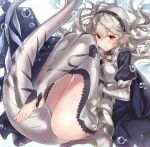  1girl ass blush bubble cloak corrin_(female)_(fire_emblem) corrin_(fire_emblem) english_commentary feet fire_emblem fire_emblem_fates gloves grey_hair hair_between_eyes hairband haru_(nakajou-28) highres juliet_sleeves long_hair long_sleeves no_shoes pointy_ears puffy_sleeves red_eyes simple_background smile solo stirrup_legwear tail thighs toeless_legwear toes white_background white_hair 