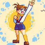  1boy arms_up belt blue_eyes blue_shorts blush brown_footwear brown_hair chargeman_ken! izumi_ken lowres open_mouth perorinsr pixel_art scarf shirt short_shorts shorts simple_background socks solo white_shirt yellow_background yellow_scarf yellow_socks 