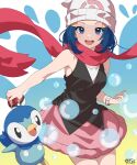  1girl :d absurdres beanie black_shirt blue_eyes blue_hair bracelet commentary_request dawn_(pokemon) eyelashes floating_scarf hair_ornament hairclip hat highres holding holding_poke_ball jewelry looking_at_viewer mototaku open_mouth pink_scarf pink_skirt piplup poke_ball poke_ball_(basic) pokemon pokemon_(creature) pokemon_dppt scarf shirt sidelocks skirt sleeveless sleeveless_shirt smile teeth tongue upper_teeth_only white_headwear 