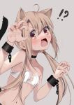  !? 1girl ahoge animal_ears bandeau bare_shoulders blonde_hair blush breasts cat_ears cat_tail chain choker collarbone cuffs fate/kaleid_liner_prisma_illya fate_(series) highres illyasviel_von_einzbern long_hair looking_at_viewer low_twintails navel open_mouth pei_iriya red_eyes shackles sidelocks small_breasts solo tail twintails 