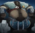 anthro balls belly big_belly canid canine canis clothed clothing fangs genitals hairy hi_res male mammal manly mature_male muscular muscular_male navel overweight overweight_male scar sitting solo sulviez teeth thick_thighs were werecanid werecanine werewolf wolf