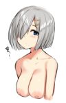  1girl bare_shoulders blue_eyes blush breasts cleavage closed_mouth completely_nude embarrassed eyes_visible_through_hair grey_hair hair_ornament hair_over_one_eye hairpin hamakaze_(kancolle) kantai_collection large_areolae large_breasts looking_at_viewer medium_hair mitsukazu_(nijigen_complex) nipples nude simple_background solo upper_body white_background 