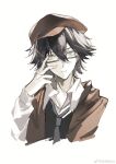  1boy adjusting_eyewear black-framed_eyewear black_hair black_vest blending brown_headwear brown_jacket bungou_stray_dogs cabbie_hat chinese_commentary closed_mouth collared_shirt commentary_request cui_(jidanhaidaitang) edogawa_ranpo_(bungou_stray_dogs) expressionless glasses green_eyes grey_necktie hair_between_eyes hand_on_eyewear hat highres jacket long_sleeves looking_at_viewer male_focus necktie open_clothes open_jacket shirt short_hair simple_background solo upper_body vest weibo_logo weibo_username white_background white_shirt white_sleeves 
