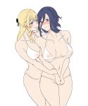  2girls :3 absurdres blonde_hair blue_eyes blush breasts clorinde_(genshin_impact) genshin_impact highres kiname_nsfw large_breasts multiple_girls navia_(genshin_impact) purple_eyes self-upload swimsuit yuri 