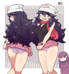  2girls beanie black_hair black_shirt blush border chichibu_(watson) commentary_request cosplay costume_switch curly_hair dawn_(pokemon) dawn_(pokemon)_(cosplay) hair_between_eyes hat hex_maniac_(pokemon) hex_maniac_(pokemon)_(cosplay) highres long_hair miniskirt multiple_girls multiple_views open_mouth outside_border panties pink_scarf pink_skirt pokemon pokemon_dppt pokemon_xy poketch purple_panties scarf shirt skirt sleeveless sleeveless_shirt sweatdrop underwear watch white_border white_headwear wristwatch 