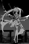  1girl ahoge bow_(weapon) copyright_name detached_sleeves dress etoryoku fake_horns fate/grand_order fate/grand_order_arcade fate_(series) from_behind full_body high_heels highres holding holding_bow_(weapon) holding_weapon horns looking_afar monochrome outdoors sita_(fate) skinny solo thighhighs twintails twitter_username weapon 