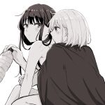  2girls absurdres blush bottle closed_mouth commentary_request greyscale highres holding holding_bottle hug hug_from_behind inoue_takina long_hair looking_at_another lycoris_recoil monochrome multiple_girls nishikigi_chisato nude short_hair sidelocks simple_background water_bottle yarou_(0tyaro) yuri 