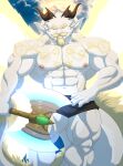 2023 abs angel anthro axe battle_axe beard big_muscles bottomwear celestial_being clothed clothing dragon energy_wings facial_hair fur halo hi_res horn looking_at_viewer male markings muscular mustache navel nipples pecs pyc-art shorts solo topless white_body wings