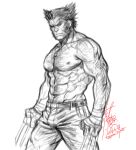  1boy abs arm_hair bara chest_hair feet_out_of_frame frown greyscale hairy large_pectorals looking_at_viewer male_focus marvel mature_male monochrome muscular muscular_male mutton_chops navel navel_hair nipples pectorals short_hair sketch solo spiked_hair standing stomach topless_male unfinished very_hairy wolverine wrinkled_skin x-men yi_lee 