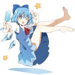  :o barefoot blue_bow blue_dress blue_eyes blue_hair bow cirno dress food full_body hair_bow highres ice ice_wings one_eye_closed popsicle sasaki_sakiko short_hair touhou v wings 