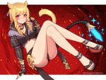  1girl ankle_strap black_jacket black_tank_top blonde_hair blue_ribbon cat_tail choker commission crossed_legs curly_hair drill_hair final_fantasy final_fantasy_xiv full_body gloves hair_ribbon hand_on_floor hand_on_own_face jacket jewelry juliet_sleeves knees_up kouzuki_tsubasa_(musou_kaidou) light_blush lipstick long_hair long_sleeves looking_at_viewer makeup miqo&#039;te nail_polish necklace open_mouth orange_eyes partially_fingerless_gloves puffy_sleeves ribbon short_shorts shorts sitting skeb_commission slit_pupils solo sparkle tail tank_top thighs toenail_polish toenails toes twin_drills warrior_of_light_(ff14) 