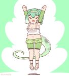  1girl arms_up camisole chinese_water_dragon_(kemono_friends) choker closed_eyes coroha elbow_gloves full_body gloves green_background green_hair jumping kemono_friends kemono_friends_3 lizard_tail looking_at_viewer navel sandals short_hair shorts simple_background solo tail 