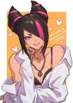  1girl absurdres ap_cammy bare_shoulders black_hair bra breasts cleavage drill_hair hair_horns hair_over_one_eye han_juri highres jewelry long_sleeves looking_at_viewer medium_breasts multicolored_hair necklace off_shoulder pink_hair purple_eyes short_eyebrows smile solo street_fighter street_fighter_6 underwear 