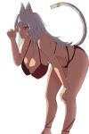 1girl animal_ears bikini breasts cat_ears cat_tail cleavage eyepatch eyepatch_pull feet_out_of_frame ghislaine_dedoldia green_bikini green_eyes heterochromia highres huge_breasts leaning_forward long_hair meekaki96 mushoku_tensei open_mouth red_eyes sagging_breasts scar scar_on_cheek scar_on_face scar_on_stomach simple_background solo swimsuit tail tail_ornament tail_ring white_background 