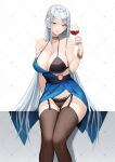  1girl bare_shoulders black_bra black_panties black_thighhighs blue_dress blue_eyes blue_hair bra bracelet breasts cleavage commission cup dress drinking_glass earrings garter_straps hair_ornament highres holding holding_cup jewelry kengzeta long_hair looking_at_viewer original panties pussy see-through sitting solo thighhighs underwear very_long_hair wine_glass 