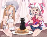  2girls abigail_williams_(fate) abigail_williams_(swimsuit_foreigner)_(fate) abigail_williams_(swimsuit_foreigner)_(third_ascension)_(fate) animal_hood bare_shoulders barefoot bikini blonde_hair blue_eyes blue_shorts blush bonnet bow breasts cat cat_hood fate/grand_order fate_(series) food forehead hair_bow highres hood illyasviel_von_einzbern illyasviel_von_einzbern_(swimsuit_archer) illyasviel_von_einzbern_(swimsuit_archer)_(first_ascension) long_hair looking_at_viewer low_twintails miniskirt multiple_girls navel off_shoulder open_mouth pancake parted_bangs pei_iriya pink_shirt plate red_eyes shirt short_shorts shorts sidelocks sitting skirt small_breasts smile swimsuit twintails very_long_hair wariza white_bikini white_bow white_hair white_headwear 