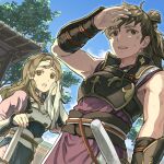  1boy 1girl architecture arm_up armor bangs black_armor blue_sky bracer breastplate brown_eyes brown_hair cloud commentary_request cross_scar dated_commentary day drying ears east_asian_architecture fire_emblem fire_emblem_fates from_below gold_trim hair_tubes hana_(fire_emblem) hand_on_forehead harusame_(rueken) headband hinata_(fire_emblem) holding holding_towel japanese_clothes katana light_brown_hair long_hair long_sleeves looking_afar looking_ahead low_ponytail open_mouth outdoors parted_bangs pink_headband ponytail rope_belt scar scar_on_arm scar_on_face shading_eyes sheath sheathed shiny shiny_hair side_slit sidelocks sky sleeveless standing sweat sword teeth tied_hair towel tree upper_teeth weapon white_armor white_headband wiping_sweat 