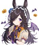  1girl animal_ears bat_wings blue_flower blue_rose blush brooch brown_hair closed_mouth commentary_request fang flower frilled_hairband frills gloves hair_over_one_eye hairband highres horse_ears inu_(puputizy) jack-o&#039;-lantern jewelry long_hair looking_at_viewer make_up_in_halloween!_(umamusume) neck_ribbon official_alternate_costume one-hour_drawing_challenge puffy_short_sleeves puffy_sleeves purple_eyes ribbon rice_shower_(umamusume) rose short_sleeves simple_background solo umamusume upper_body vampire_costume white_background wings 