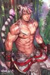  1boy abs against_tree animal_ears bamboo bamboo_forest bara black_hair character_request check_copyright copyright_request cowboy_shot facial_hair forest frown goatee highres large_pectorals long_sideburns looking_at_viewer male_focus mature_male multicolored_hair muscular muscular_male nature navel nipples official_art pectorals pelvic_curtain short_hair side_ponytail sideburns sideburns_stubble solo stomach streaked_hair sunlight tail tail_raised tekken tiger_boy tiger_ears tiger_tail topless_male tree tree_shade white_hair yi_lee 
