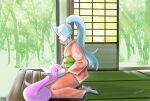  1girl alternate_color blue_hair clair_(pokemon) closed_eyes dratini erushiza forehead_jewel highres japanese_clothes kimono pokemon pokemon_(creature) pokemon_hgss ponytail red_kimono seiza shiny_pokemon shouji signature sitting sliding_doors wide_sleeves 