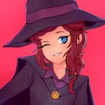  a_hat_in_time alternate_costume black_cape black_headwear black_shirt blue_eyes brown_hair cape collar fujimna hair_down halloween_costume hat hat_kid headband highres long_hair looking_at_viewer one_eye_closed purple_headband purple_shirt red_background shirt smile witch witch_hat 